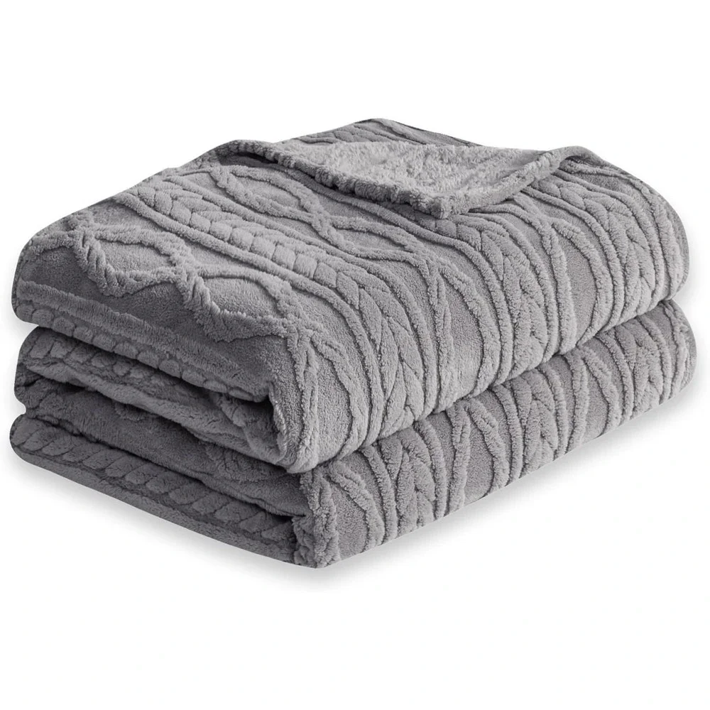 Queen Fleece Blanket Gray Cable Knit Embossed Cozy Soft Bedding NEW